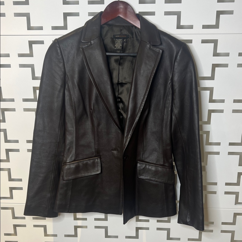 BCBG Women's Dark Chocolate Brown Guinuine Leather Blazer Sz 2 Fitted